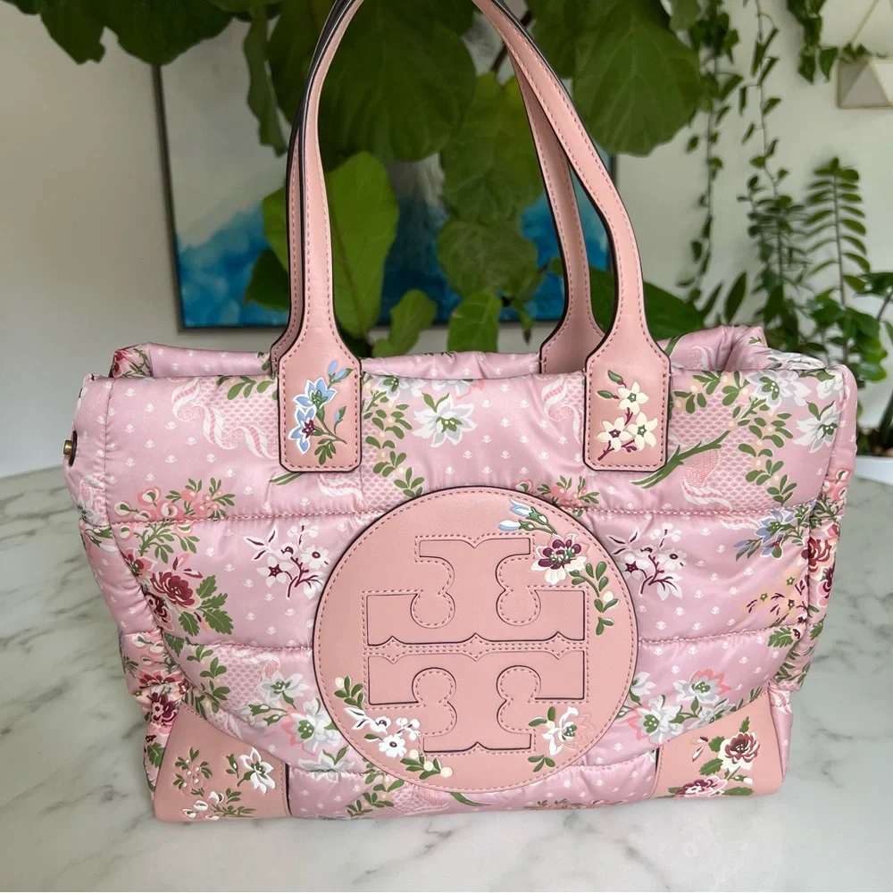 Tory Burch Ella Brocade Mini Puffer Tote Bag Sugar Berry Pink Floral Satin